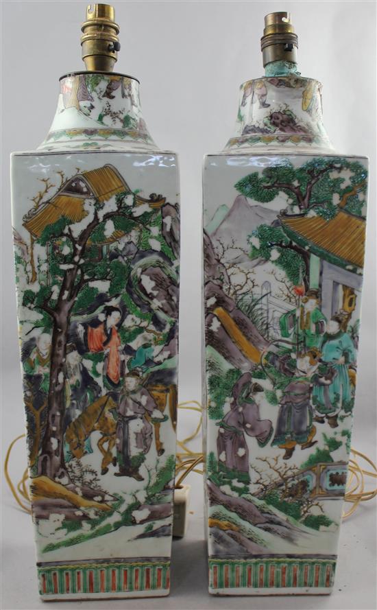 A pair of large Chinese famille verte square tapering vases, late 19th century, excl. fitted, later converted to lamps(-)